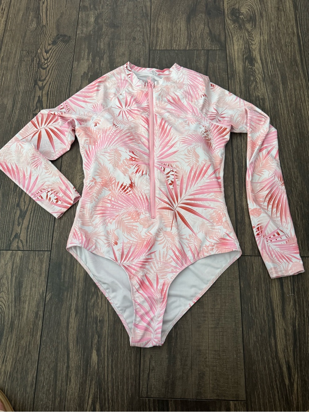 Op, Pink Tropical Long Sleeve One-Piece Swimsuit size Large NNT